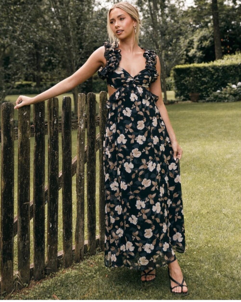 Petal & Pup Lucah Dress Size Large Frill Floral Maxi Wedding Formal Cocktail Blk
